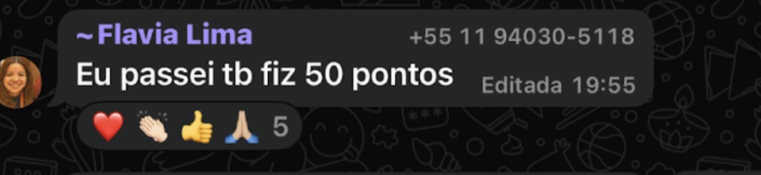 Depoimento de Flavia Lima — aprovada com 50 pontos