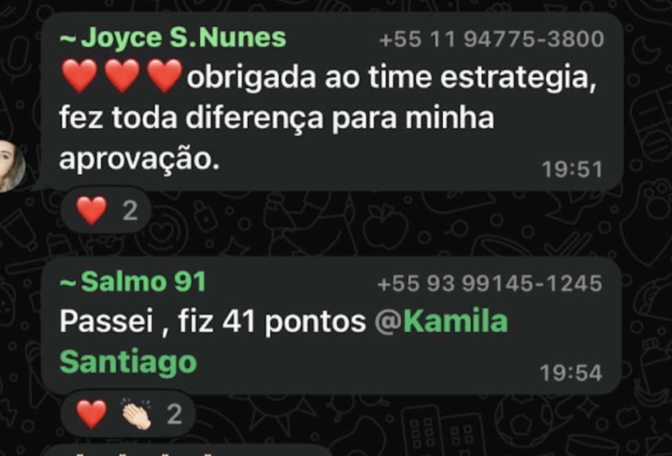Depoimentos de aprovados no WhatsApp — Joyce e Salmo